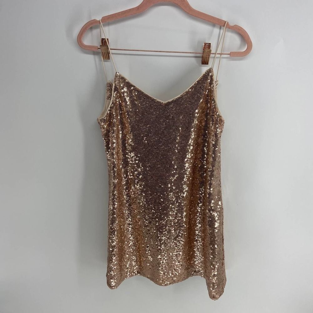 Revolve NBD sparkle sequin rose gold mini slip spaghetti strap dress women small